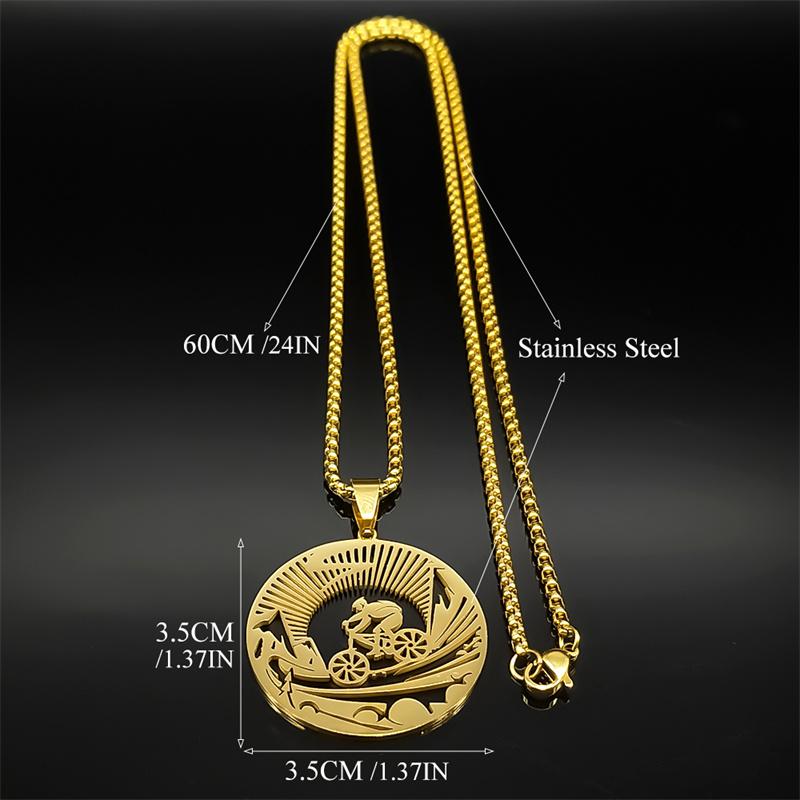 Cycling Man Road Pendant Necklace For Women Men Stainless Steel Gold Color Bicycle Sports Style Gap Travel Male Chain Jewelry