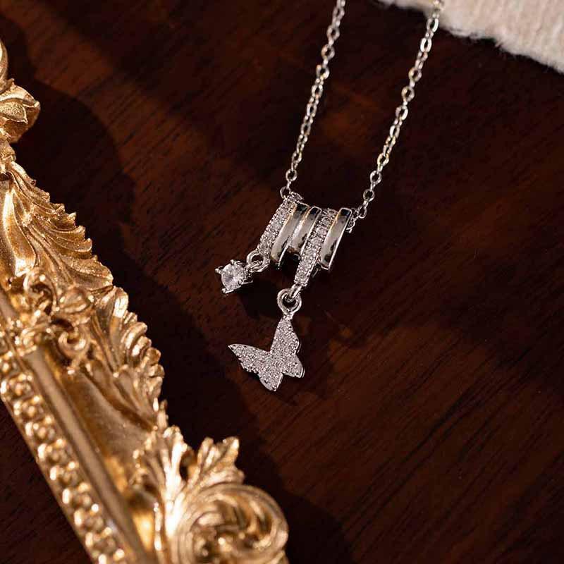 Butterfly Hexagram Five-petal Flower Snowflake Necklace, Small-scale Circular Design, Zirconium Stone Necklace Butterfly pendant -Silver