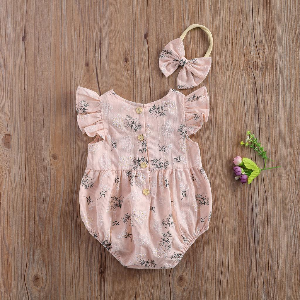 Newborn Infant Baby Girls Romper Cotton Fly Sleeve Floral printed Jumpsuit With Headband Toddler Soft Clothes Outfits