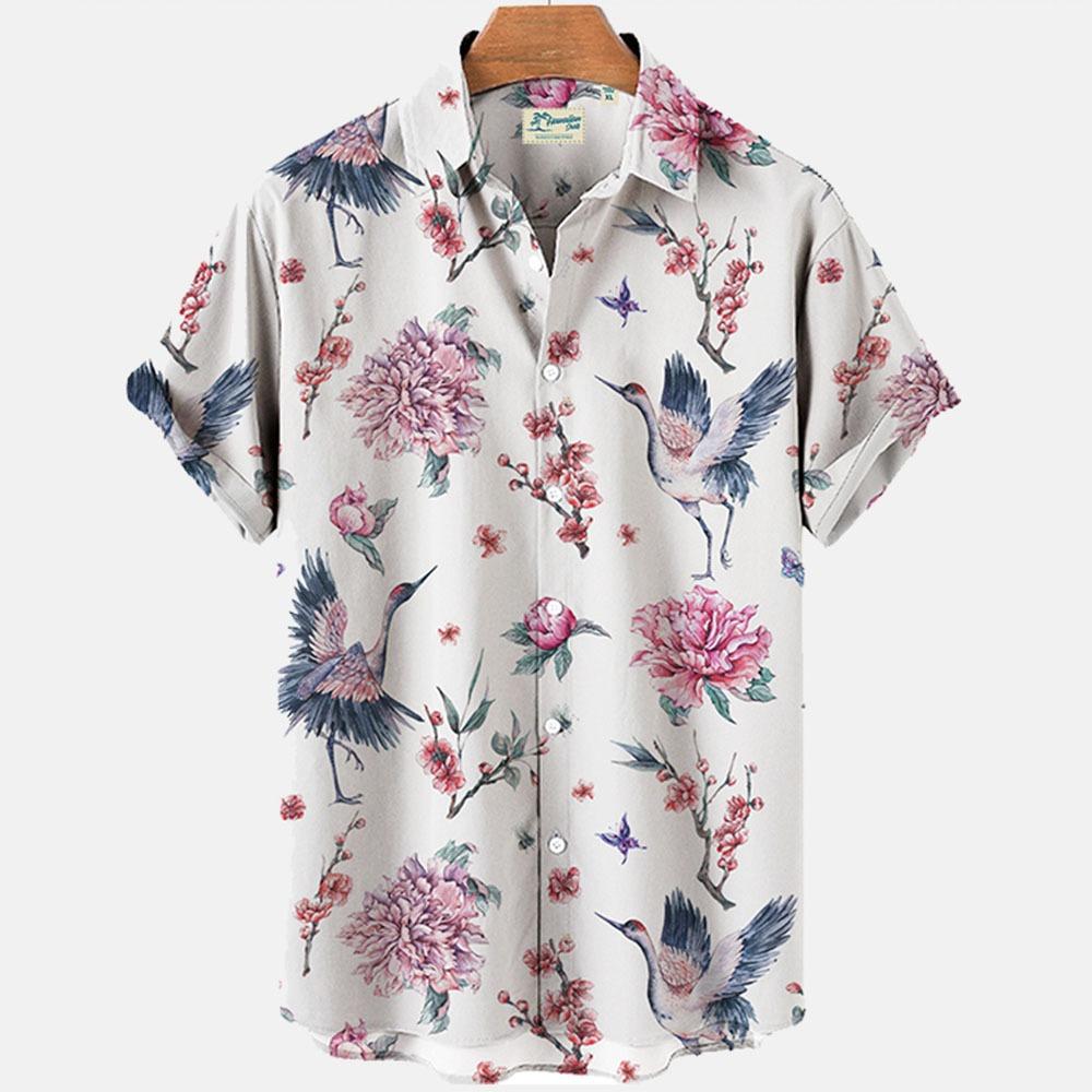 Japanese Flower Bird Print Fashion Men's Shirt Hawaiian Blouse Casual Loose Breathable Short Sleeve Outdoor Street Men's Clothes