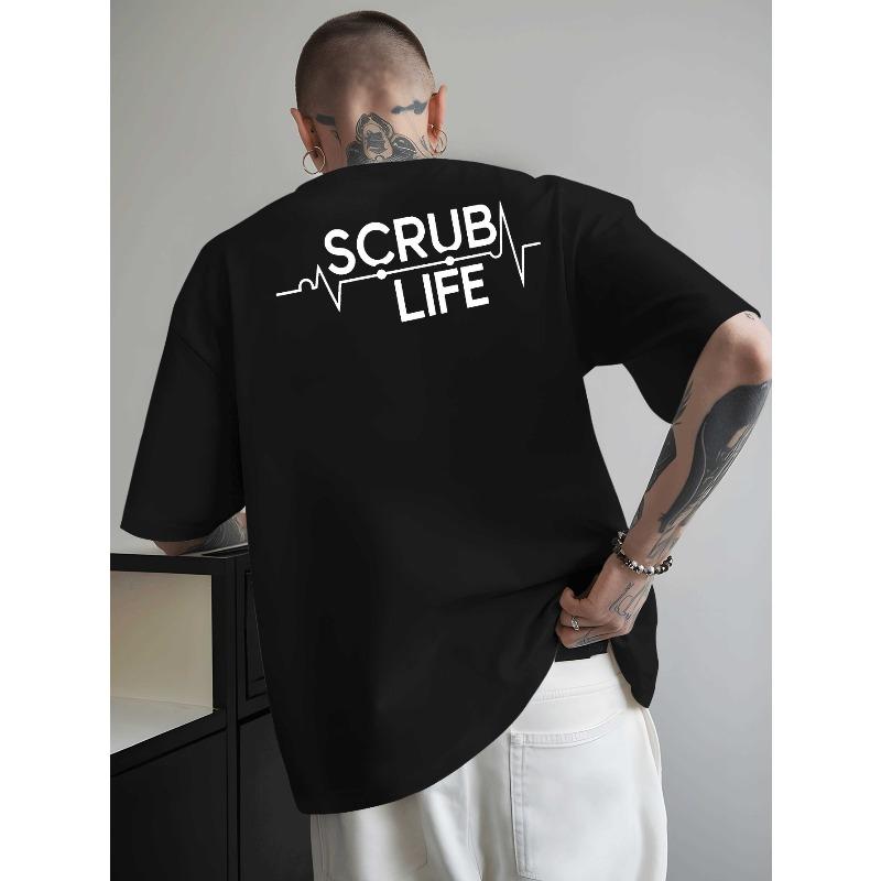 SCRUB LIFE Men's -Themed Logo Print T-Shirt - Short Sleeve Tee with Scrub Lettering & Stethoscope Design, Breathable Round Neck Casual & Workwear