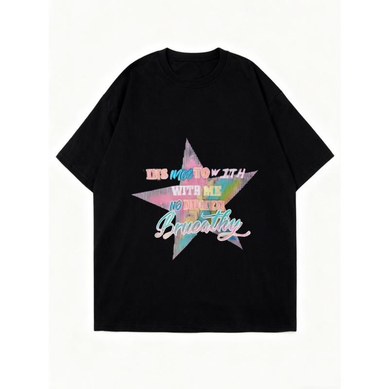 Oversized T-Shirt Black Star Graphic Print With Text No Question Casual Streetwear Fashion Top For Women Summer Outfit