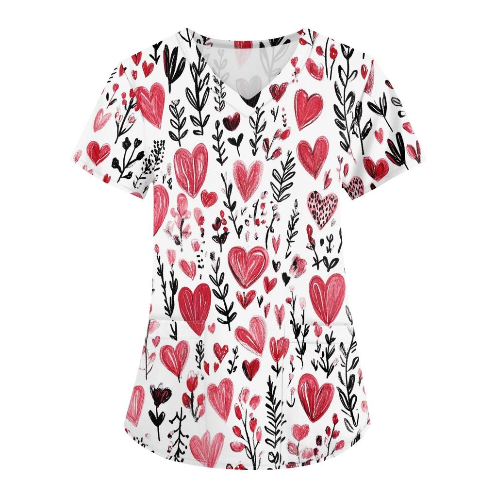 Women's Fashion V-neck Short-sleeved Work Clothes With Pockets Valentine's Day Print Top Care Wear