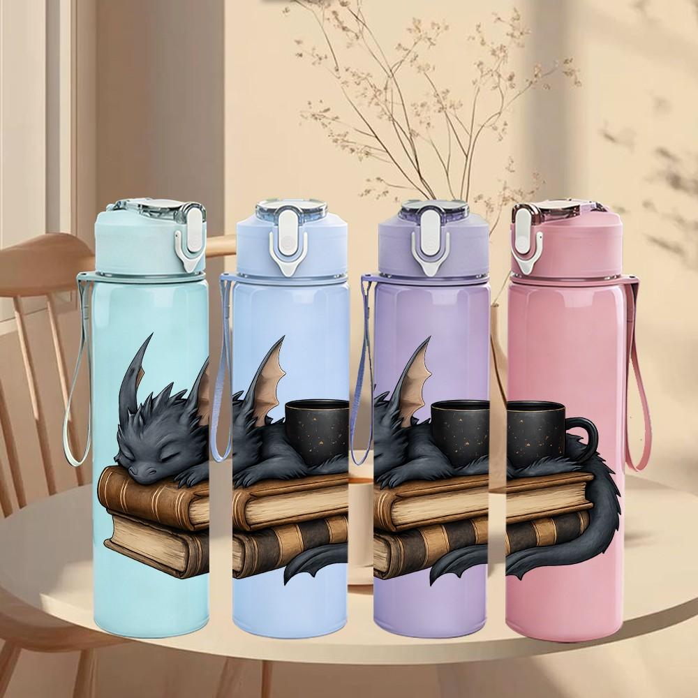 1PC Black Dragon Book Coffee Art 750ml Color Plastic Sports Water Bottle Leakproof Flip Straw Lid Suitable for Sports Office Home Use