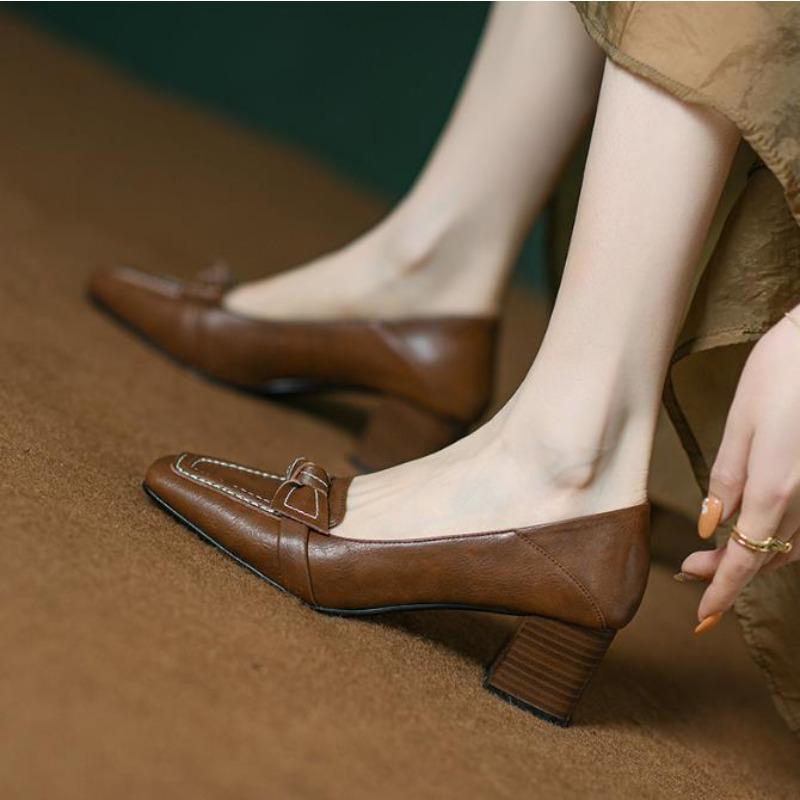 Fashion Retro Bowknot High Heels 2025 New Spring Autumn Fashion Elegant Square Toe Stiletto Chunky Heels Pumps Party Dress Casual Shoes