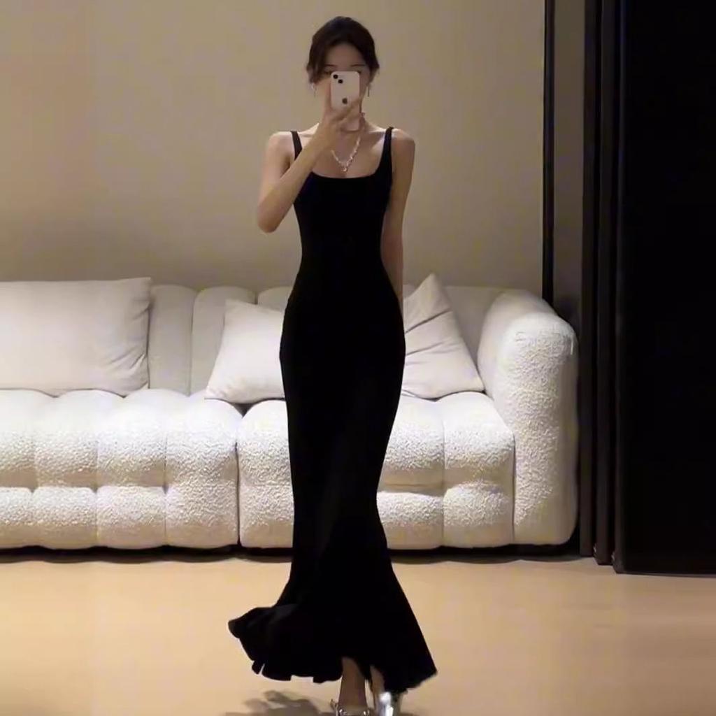 Pure Desire Style Sexy Black Suspender Dress Women's Summer New Slim-fitting Pendant Feeling Hip Fish Tail Long Skirt
