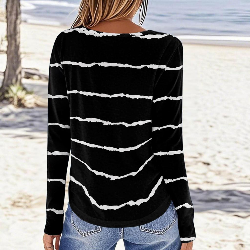 Women's Fashionable Casual Printed Long Sleeved Round Neck Top Round Neck Top Top