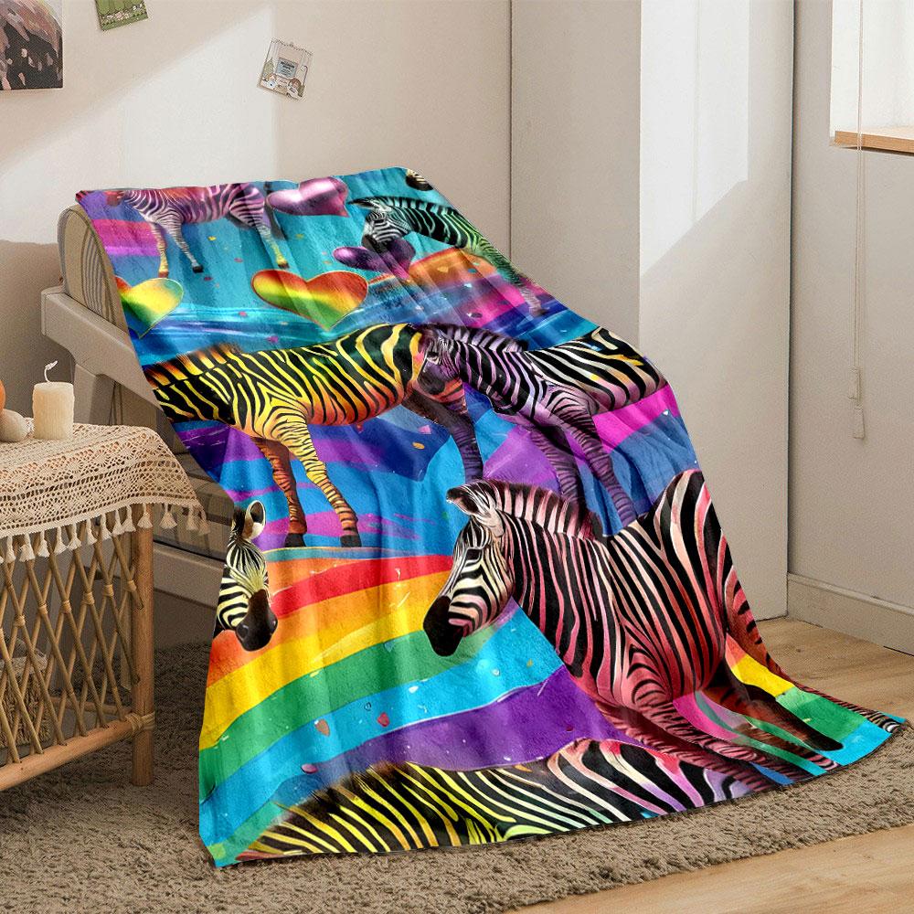 Rainbow Style Zebra Heart Print Blanket bedroom Blanket for Livingroom Couch lunch break Soft throw for Friend's festival Gift