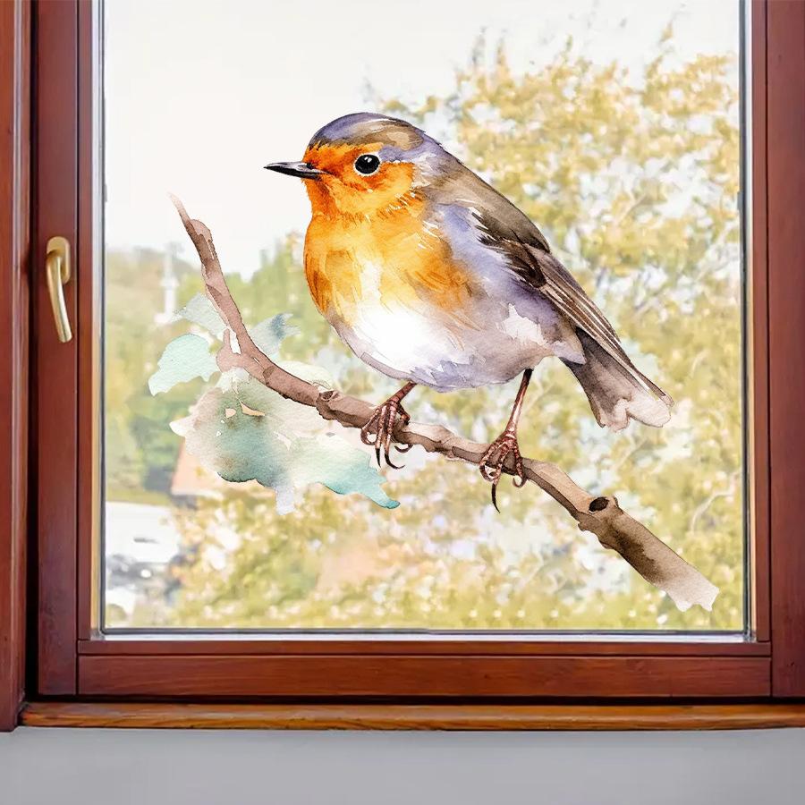 Watercolor Sparrow on Branch Window Stickers, Self-Adhesive Static Cling Decals for Bedroom Dorm Classroom Study Room Decoration