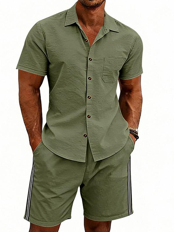 Men's Summer Plain Short Sleeve Shirt & Zipper Shorts Set