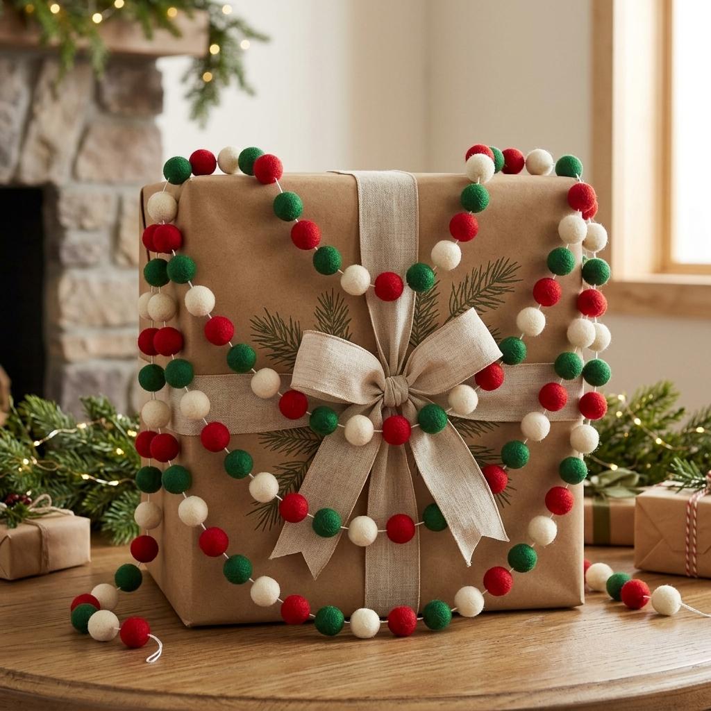 Set of 5 Christmas Felt Pom-Pom Garlands (Red, Green, & Cream) — Perfect for Fireplaces, Walls, and Party Decor