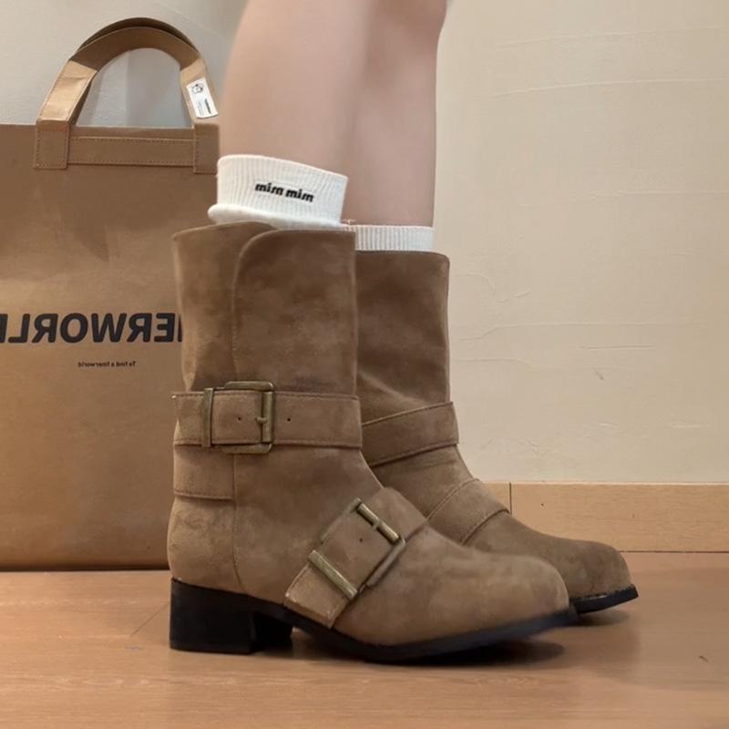 Fashion Tribe Spice Girls But Knee Round Head Knight Boots Women's 2025 Autumn and Winter New Versatile Medium Boots Fashion Boots Tide