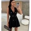 Summer New European and American Fashion Commuter Ol Deep V-neck Double Breasted A Word Sleeveless Vest Dress Skirt DRESS