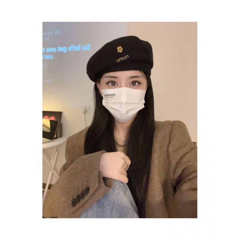 Womens Vintage Brown Beret Fall Winter Small Face Painter Hat Black Beanie Cap