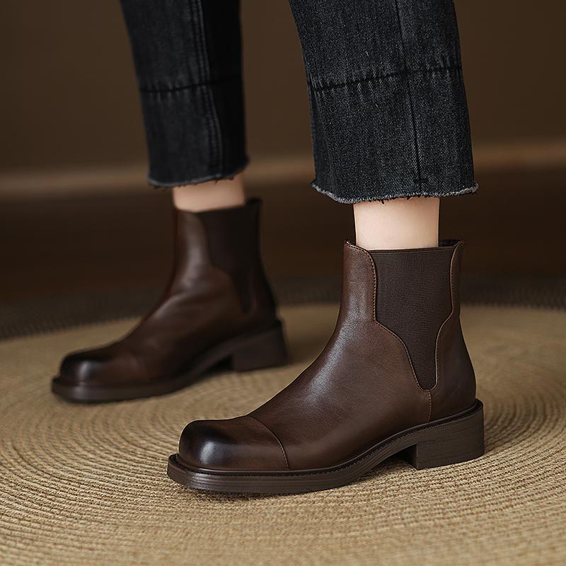 Fashion 2025 New Genuine Leather Retro Boots Women Round Toe Chunky Low Heels Elastic Band Ankle Boots Autumn Western Boots Lady Shoes