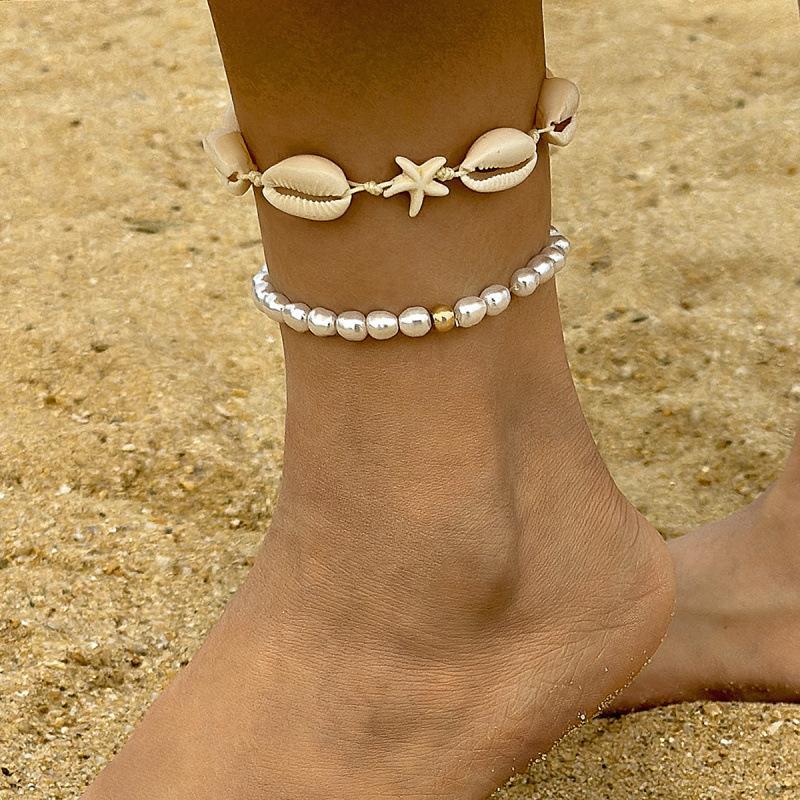 Ocean beach resort wind rice beads two-piece set simple contrasting color shell hand-woven anklet