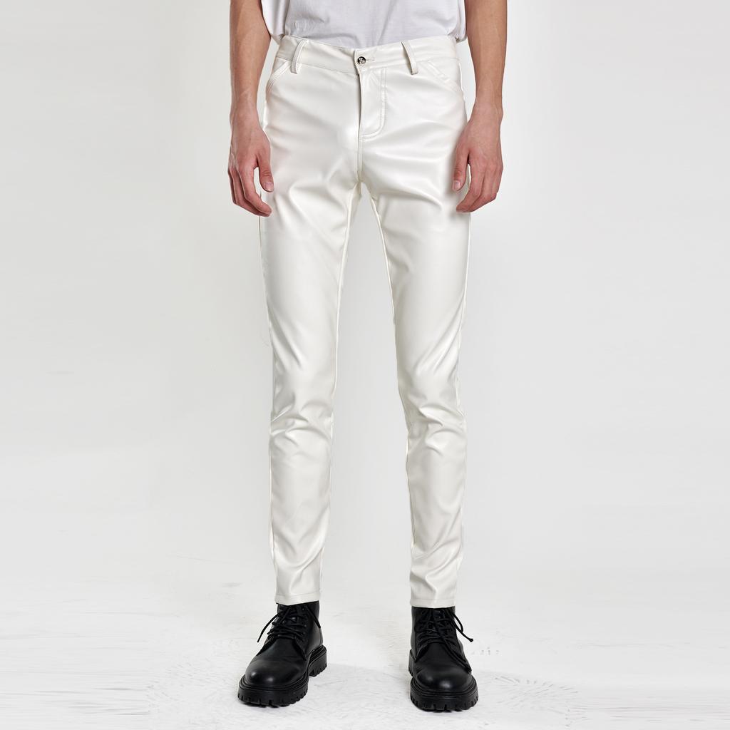 Pantaloni Lunghi Casual da Uomo Elasticizzati Slim Fit Sottili in Vera Pelle PU Monocolore