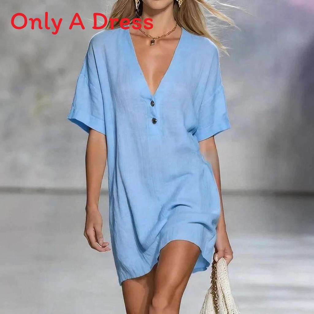 Cotton Linen Summer Dress For Women With Vneck Halfopen Collar Casual Aline Style