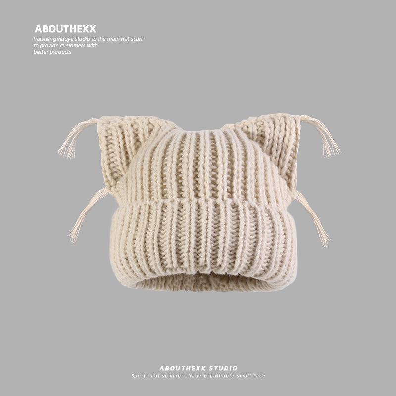 

Модная женская вязаная шерстяная шапка с кисточкой и кошачьими ушками - Теплая и стильная для осени/зимы 56-58cm бежевый