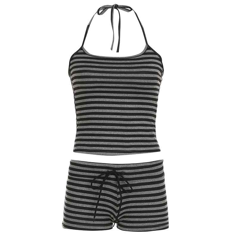 

European and American Women s Clothing American Style Minimalist Ins Style Stripes Suspender Shorts Casual Suit Halterneck Vest + Hot Pants for Women Grey L