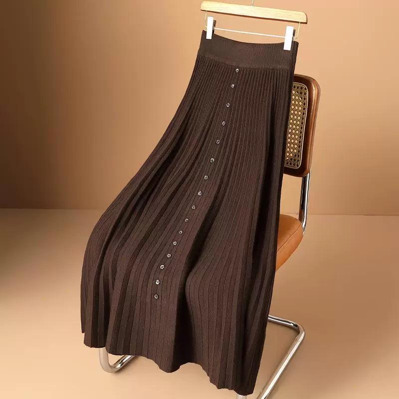 

Трикотажная юбка осень-зима 2025 г. Юбка с мелкими складками и разрезом на бедрах Юбка с пуговицами Прямая юбка One size темно-коричневого