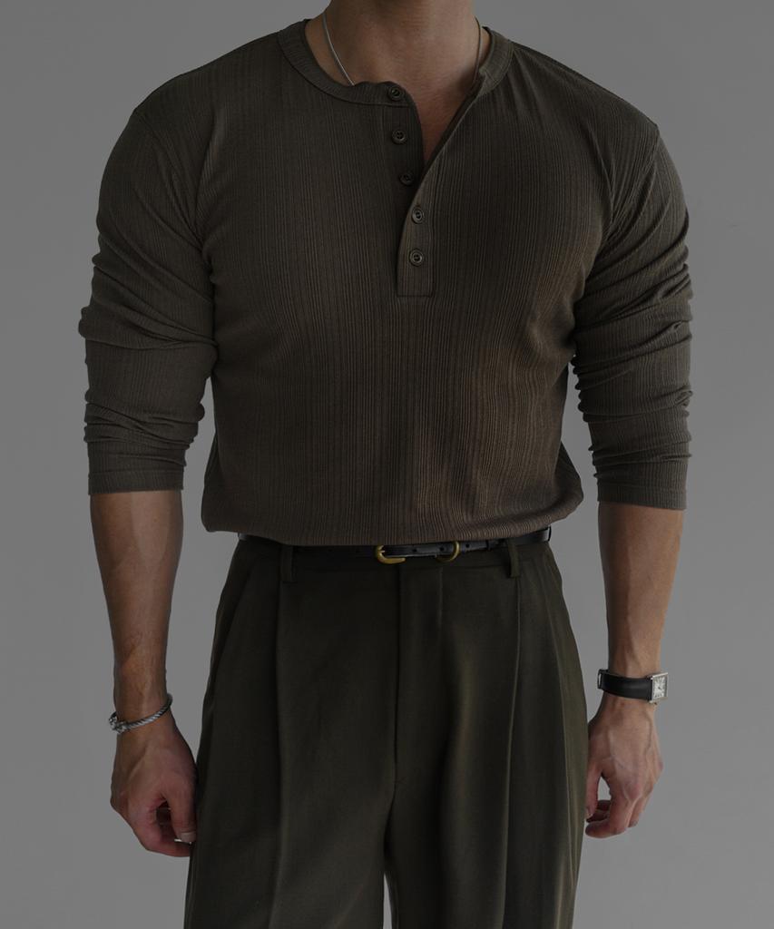 Baulopeulodeogteu Pattern Muscle Henley Neck Knit Tee [Khaki]