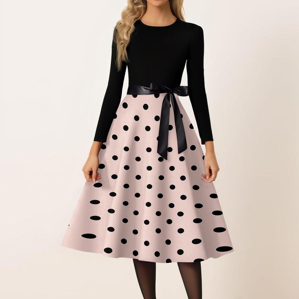 Women Vintage Polka Dot Print Long Sleeve Crew Neck Casual Dress with Ribbon Waistband and Flared A Line Skirt