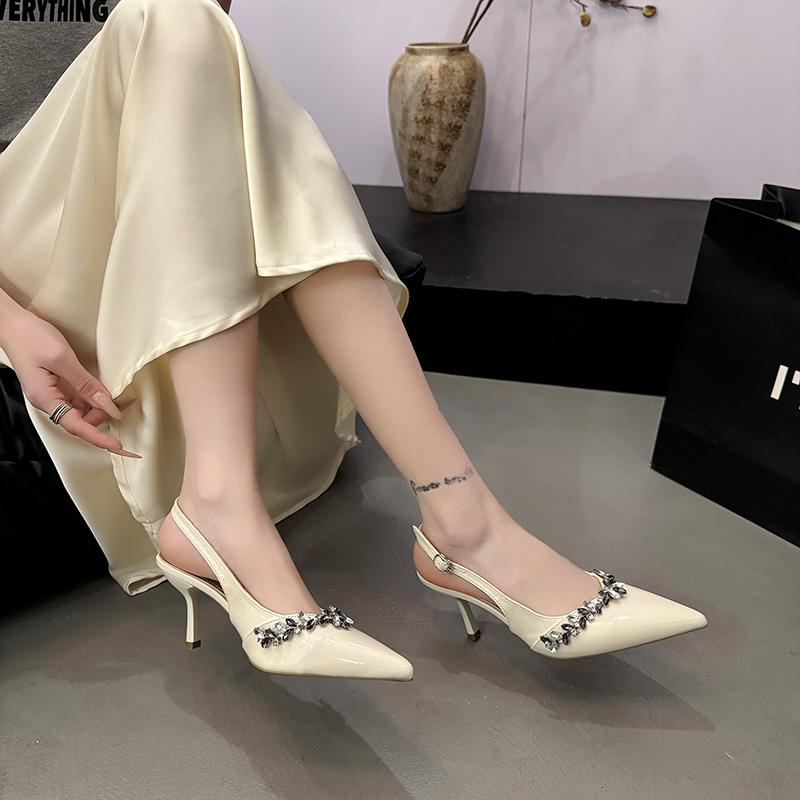 Women Summer New Brand Designer PU Leather Sexy Pointed Stiletto Heels 2025 Luxury Rhinestone Party Dress Ladies Sandals Zapatos