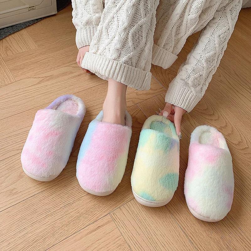 Tie Dye Gradient Plush House Slippers for Women Faux Fur Soft Sole Indoor Cotton Shoes Woman Winter Warm Flat Furry Slippers
