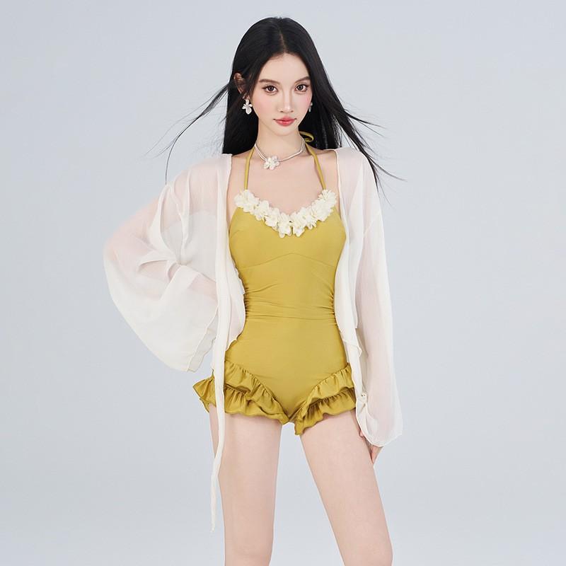 

Swimsuit Women s One-piece Sling Pure Color Sweet Slim Sexy Three-dimensional Flower Hot Vacation M жёлтый