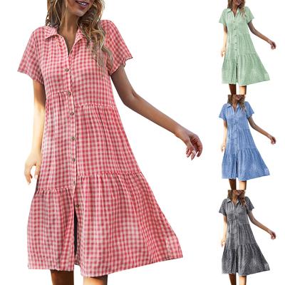 Women's Fashion Design Plaid Dress Shirt Collar Casual Skirt