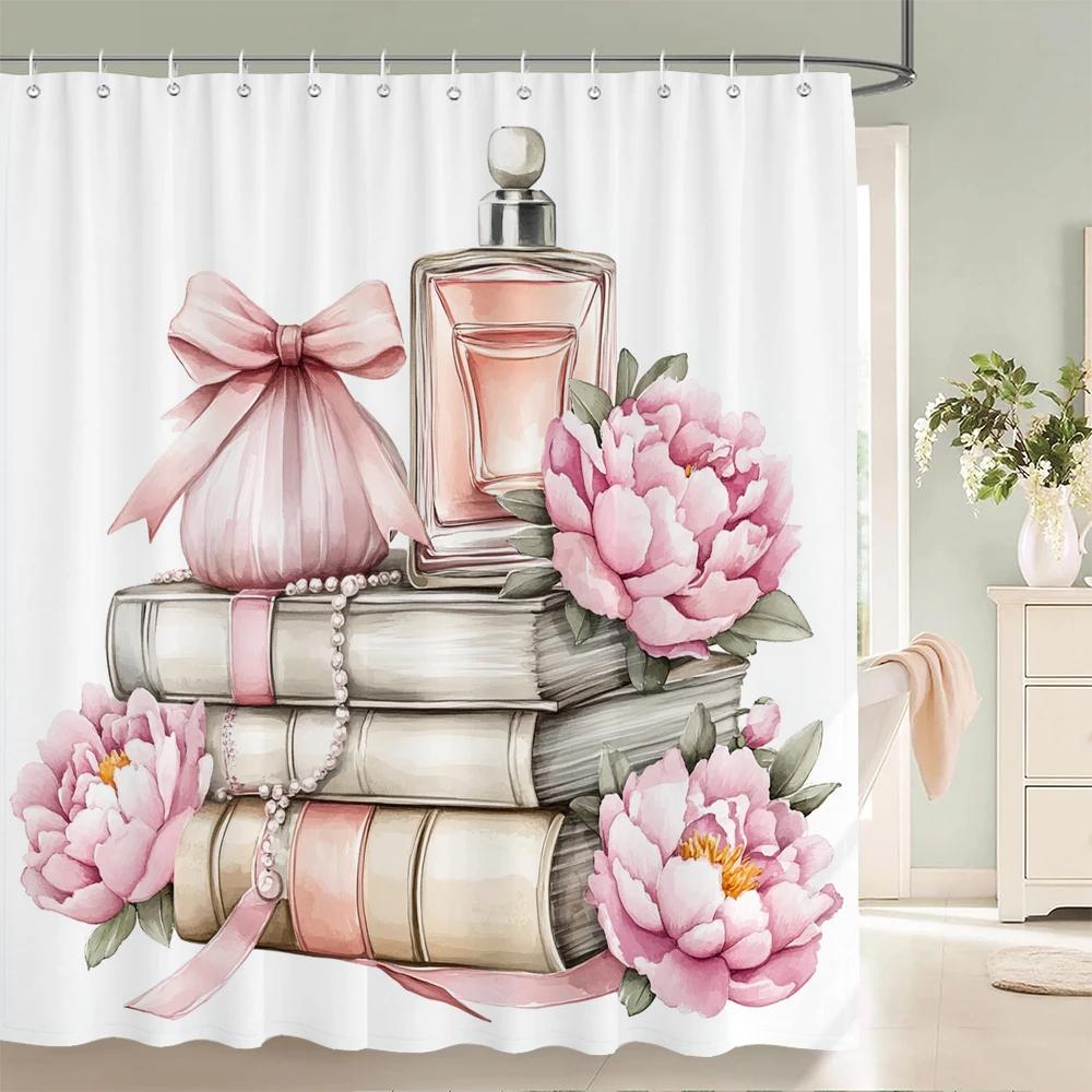 Modern and Fashionable Perfume and Flower Style Shower Curtain Bathroom Bath Curtain Home Decoration Curtain With Hooks