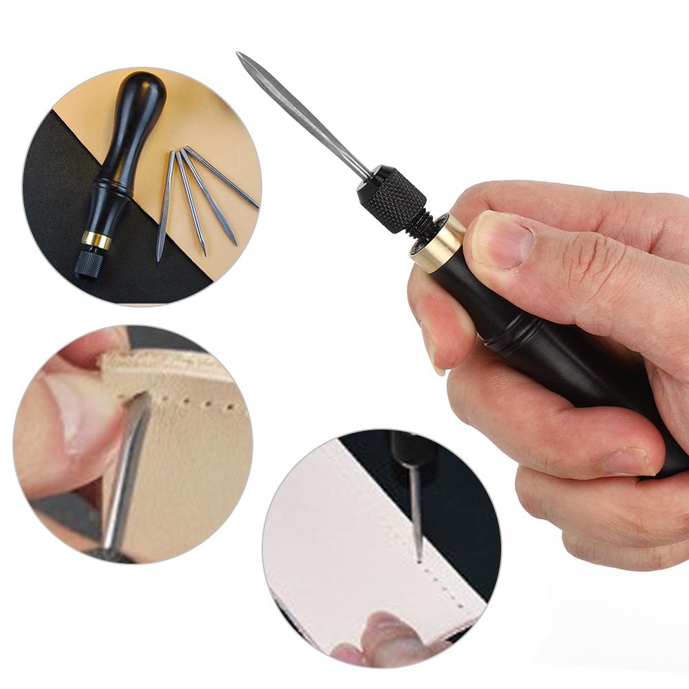 4 in 1 Stitching Awl Kit Ebony Handle DIY Leather Fabric Hand Craft Sewing Tool
