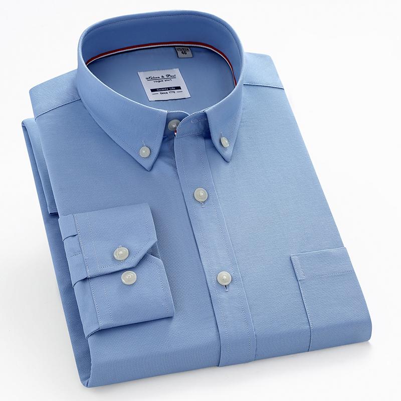 Pure Cotton Men's Solid Shirts Casual Long Sleeve Business Men Shirt Checkered Button Collar with Front Pocket