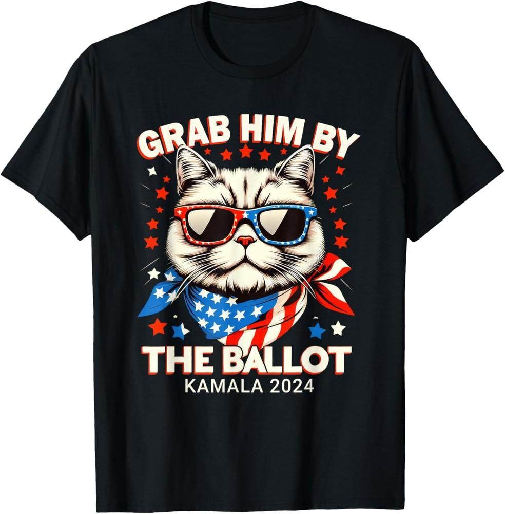 Grab Him By The Ballot Kamala 2024 Cat Lady USA Flag Design T-Shirt Unisex T-Shirt XXXXL