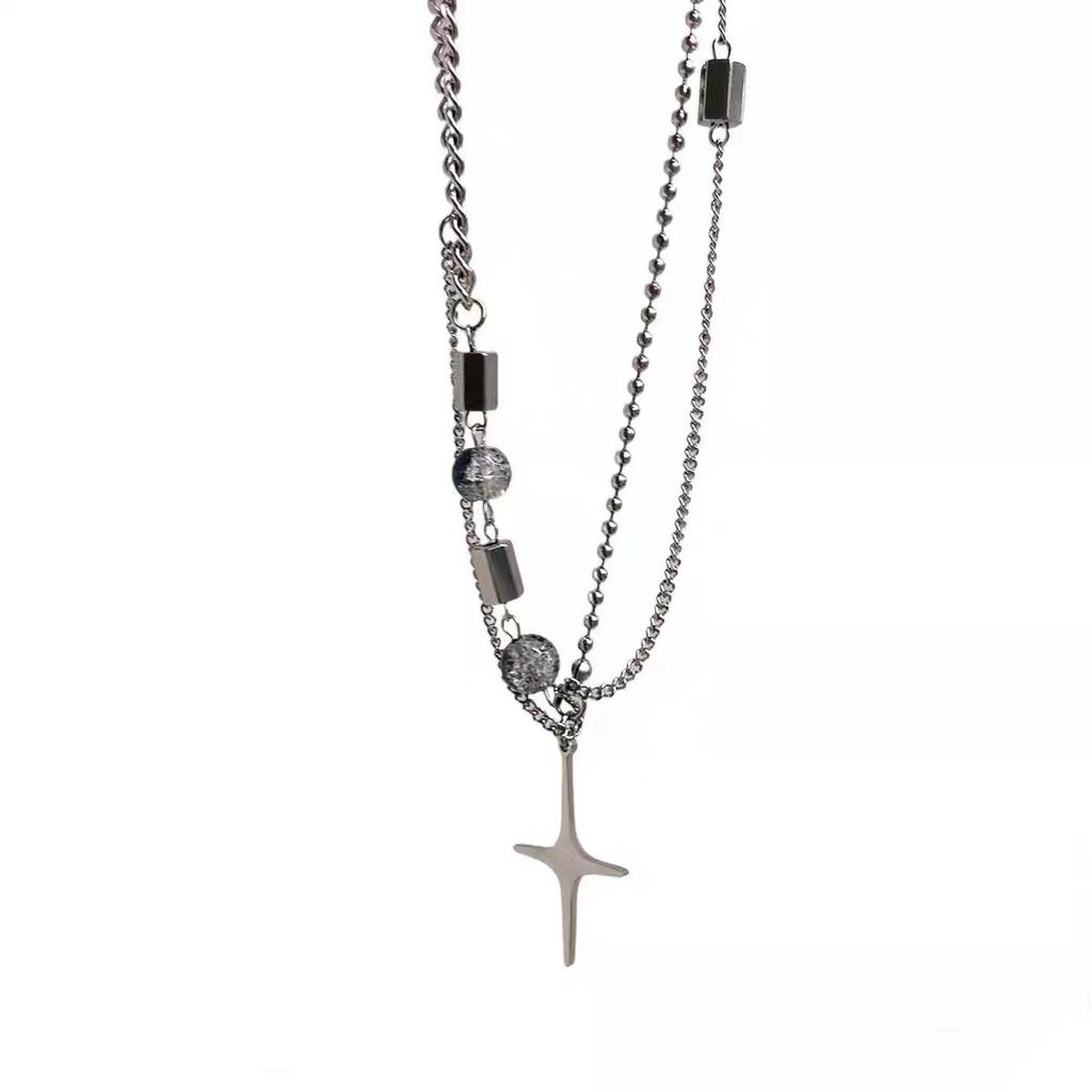 Mangxing Beaded Splicing Double-layer Stacked Necklace Design Ins Cold Wind Hip-hop Collarbone Chain