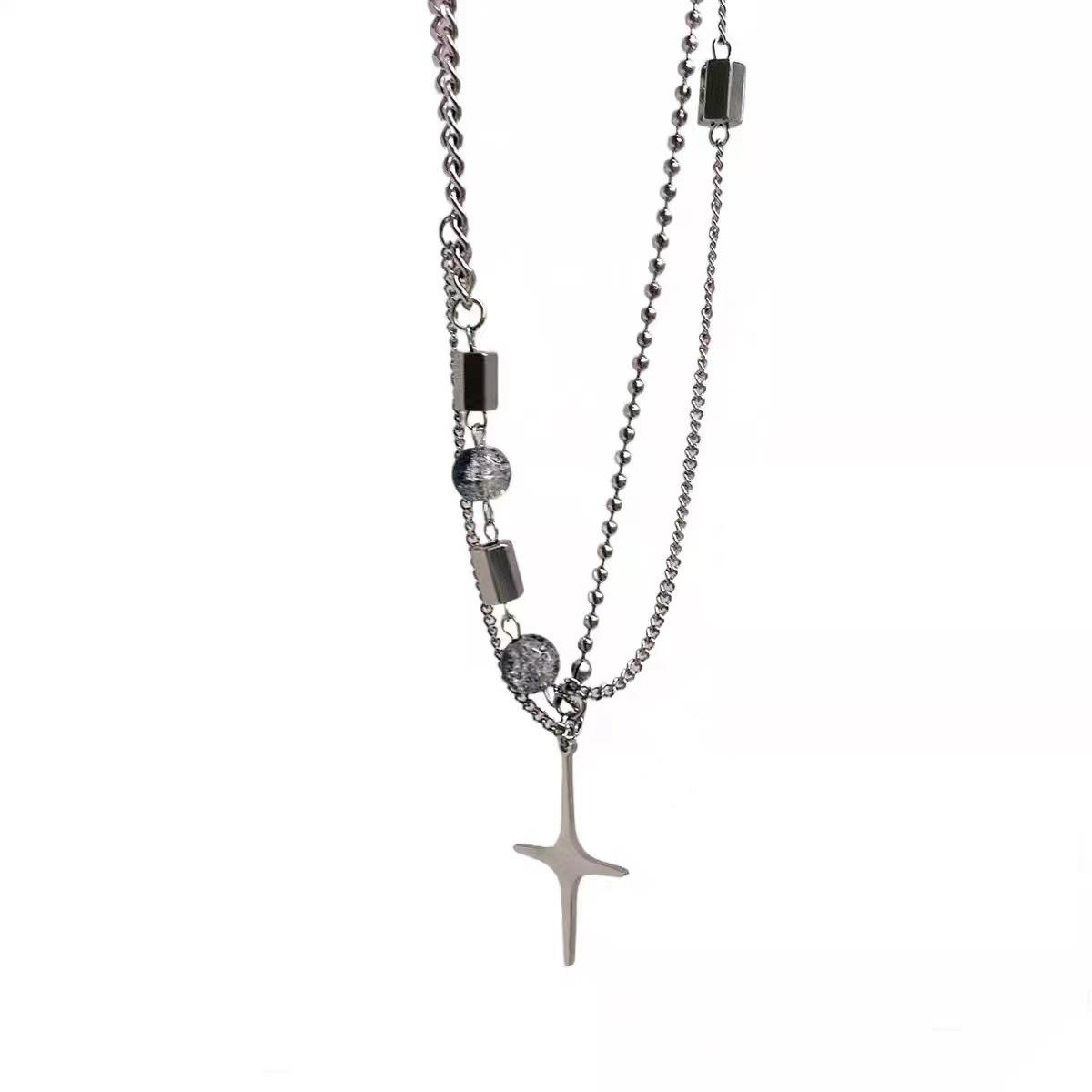 Mangxing beaded splicing double-layer stacked necklace design ins cold wind hip-hop collarbone chain