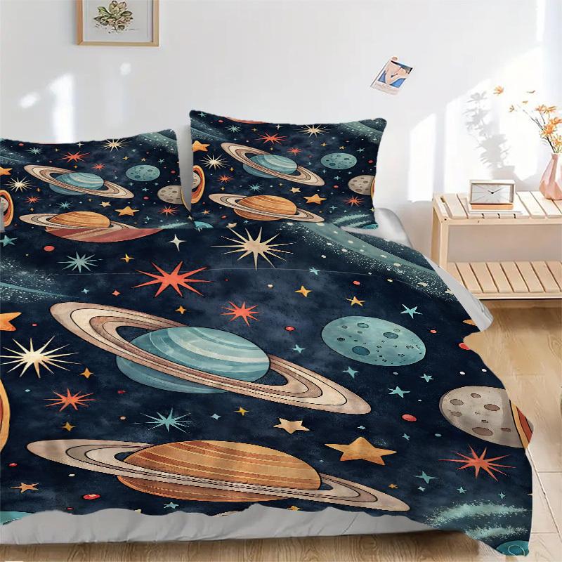 3pcs Galaxy Planets Bedding Set, Includes Without Pillow Inserts, Soft Comfortable Bedding Set,All-Season Use a0924076