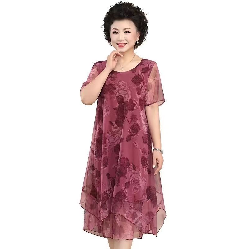 O-Ausschnitt Kurzarmkleider Vintage Blumendruck Sommer Gaze Gespleißte Damenbekleidung Stilvolles unregelmäßiges lockeres Midikleid