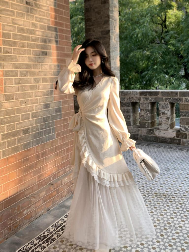 MODKOKU French Tulle Princess Cute Embroidered Floral Elegant Mori Girl Long Size M Women's Dress, Girl's Dress, Print, Cheongsam, Lace-Up Ruffles,