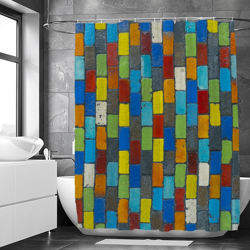 Wasserdichter Duschvorhang mit Haken Bunter Ziegelwand-Mosaikdruck Badezimmer Vorhänge Polyesterstoff Dekoration Duschvorhang
