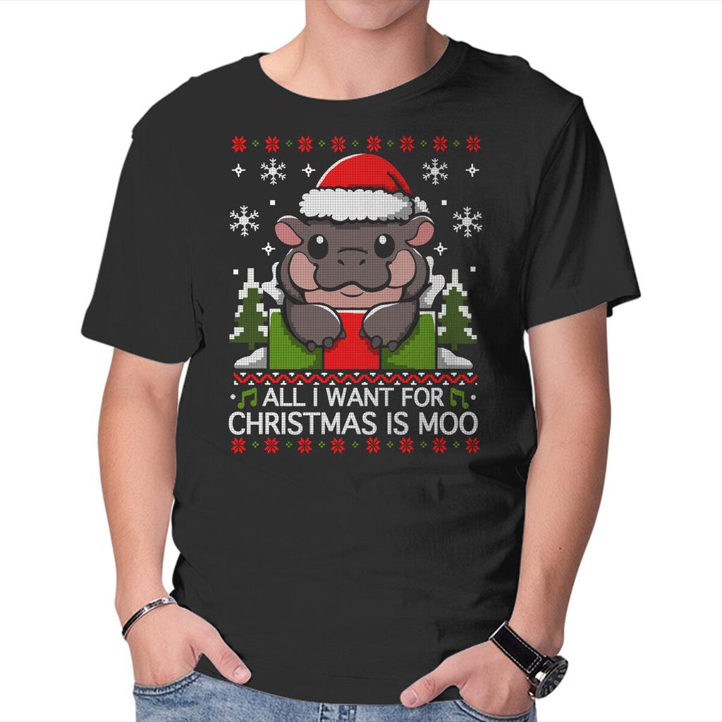 Unisex Crew Neck T-Shirt All I want For Christmas Is Moo Graphic Short Sleeve Casual Tee