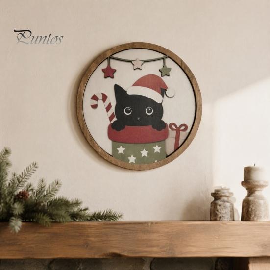 Modern Home Art Christmas Black Cat Wall Decor, Layered Wooden Hanging Sign, Round 2D Entryway Decor Flat Decoration for Living Room Bedroom And Hall