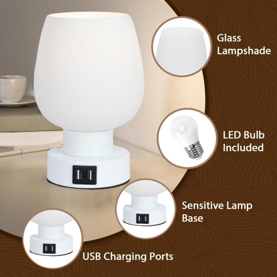 LED Desk Lamp with White Glass Shade Dimmable Flicker Free Easy To Install Touch Control LED Desk Light Small Bedside Lamp