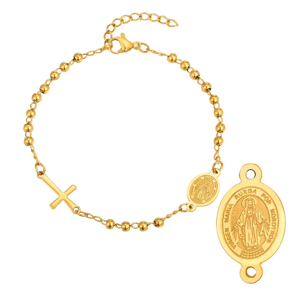 Edelstahl Jungfrau Maria St. Benedikt Kreuz Armband, Perlenkette Armband Damen Religiöser Schmuck