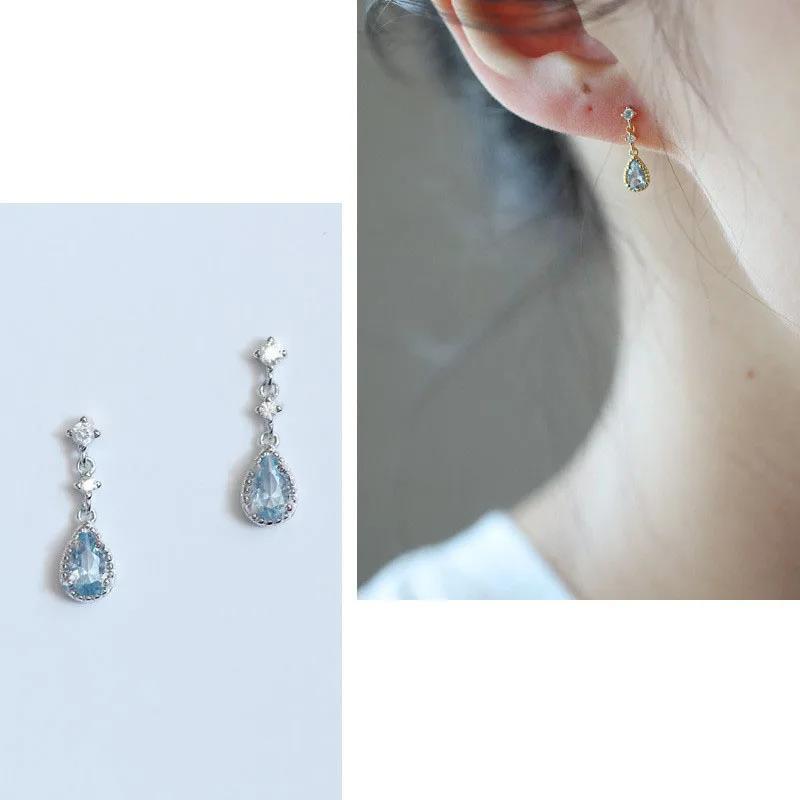 Fashion Ins Silver Needle Blue Rhinestone Zircon Earring Women Girl Wedding Jewelry Simple Water Droplet Stud Earrings