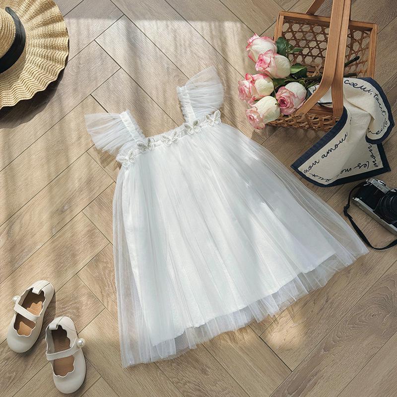 Double-Layer Butterfly Mesh Sweet Girl Strapless Fly-Sleeve Summer Puffy Princess Dress