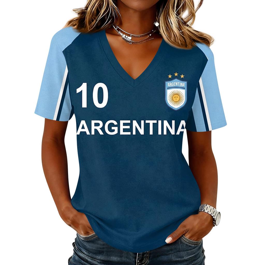 Women's Short Sleeve V-Neck T-Shirt with Soccer Flag Print for Casual Day Wear