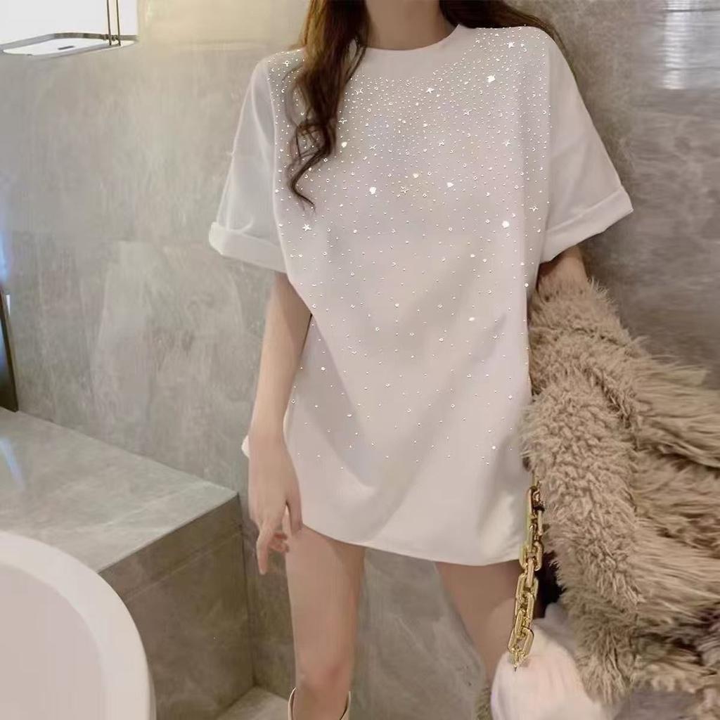 Cotton Short-sleeved Summer Heavy Industry Hot Diamond Medium and Long Loose and Thin Versatile Casual Top