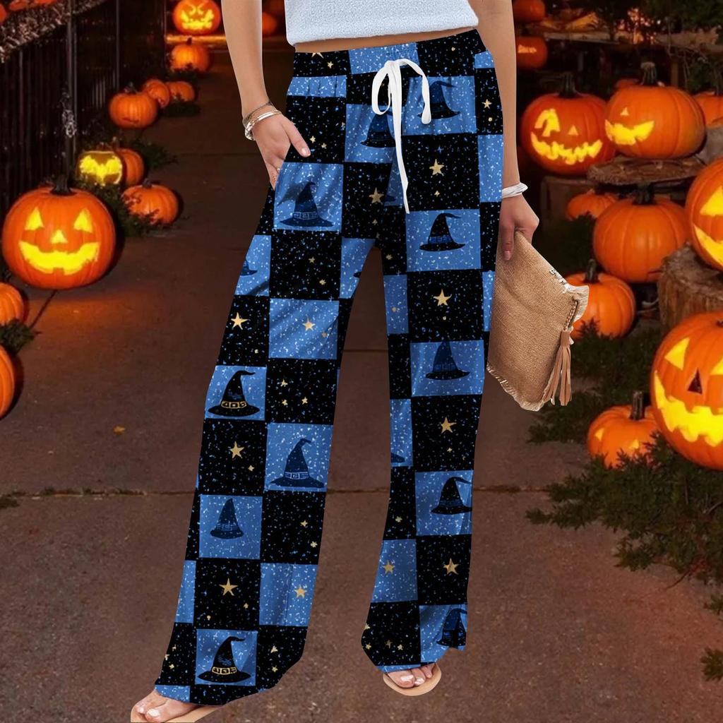 Women's Casual Wide Leg Pants Stretch Belt Pocket  Print Adjustable Tie Pants